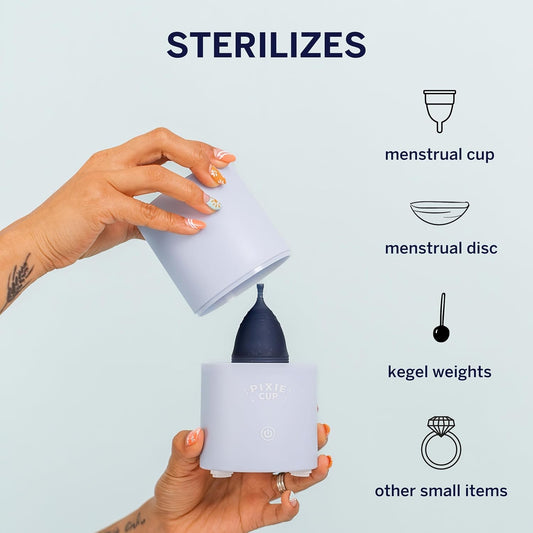 Pixie Menstrual Cup & Disc Steamer Sterilizer 2.0 - Kills 99.9% Of Germs With Cleaner Steam - Wash Your Period Cup In 3 Minutes! - The Most Asked For Sensor On-Off Button & Must Have Cylinder Shape