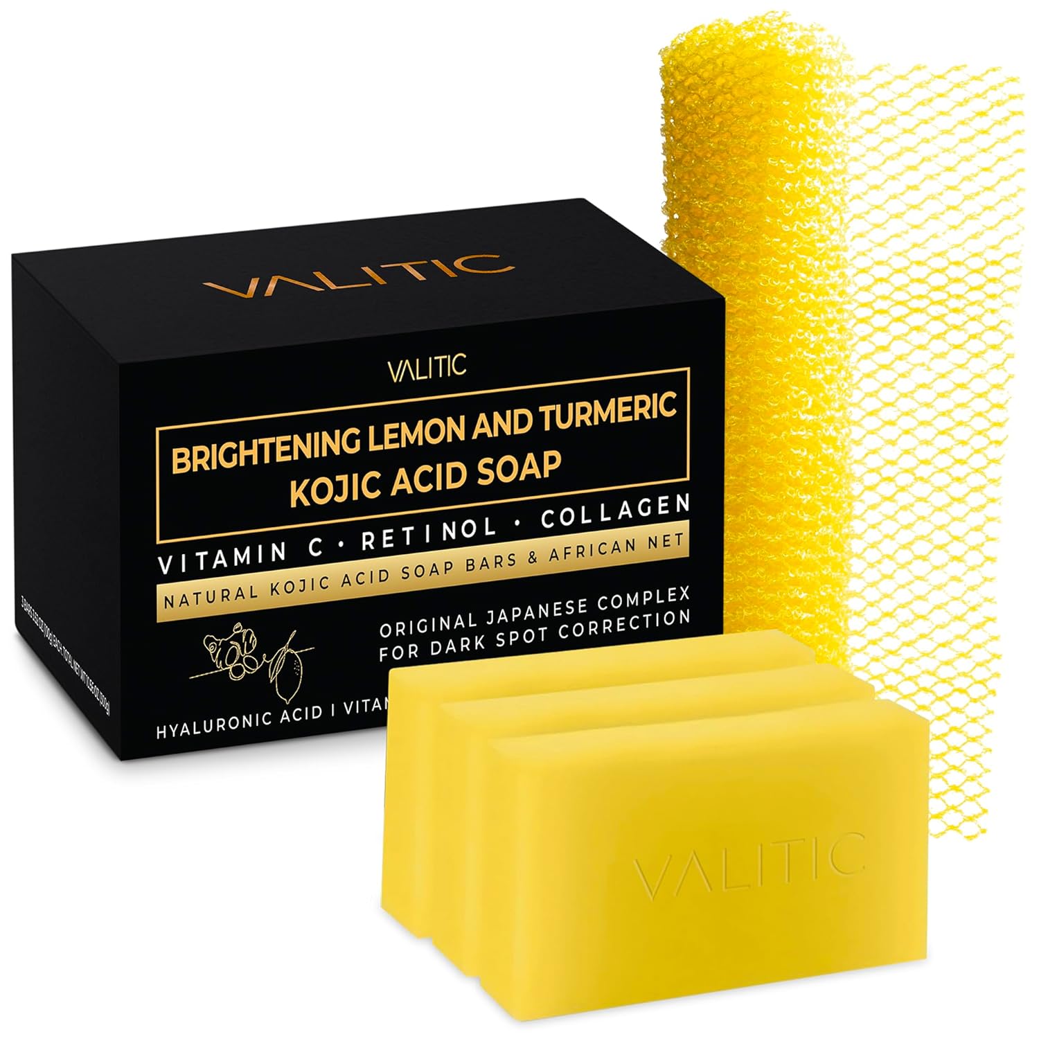 Valitic Brightening Lemon And Turmeric Kojic Acid Soap - Vitamin C, Retinol - Original Japanese Complex With Hyaluronic Acid, Vitamin E, Shea Butter, Castile Olive Oil - 3 Pack And African Net Sponge