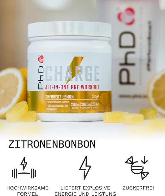 Phd Charge, All In One Pre Workout Powder With Creatine For Women And Men, Rich In Beta Alanine, High Caffeine For Pre-Workout, Sherbert Lemon Flavour, 20 Servings Per 300G Bottle