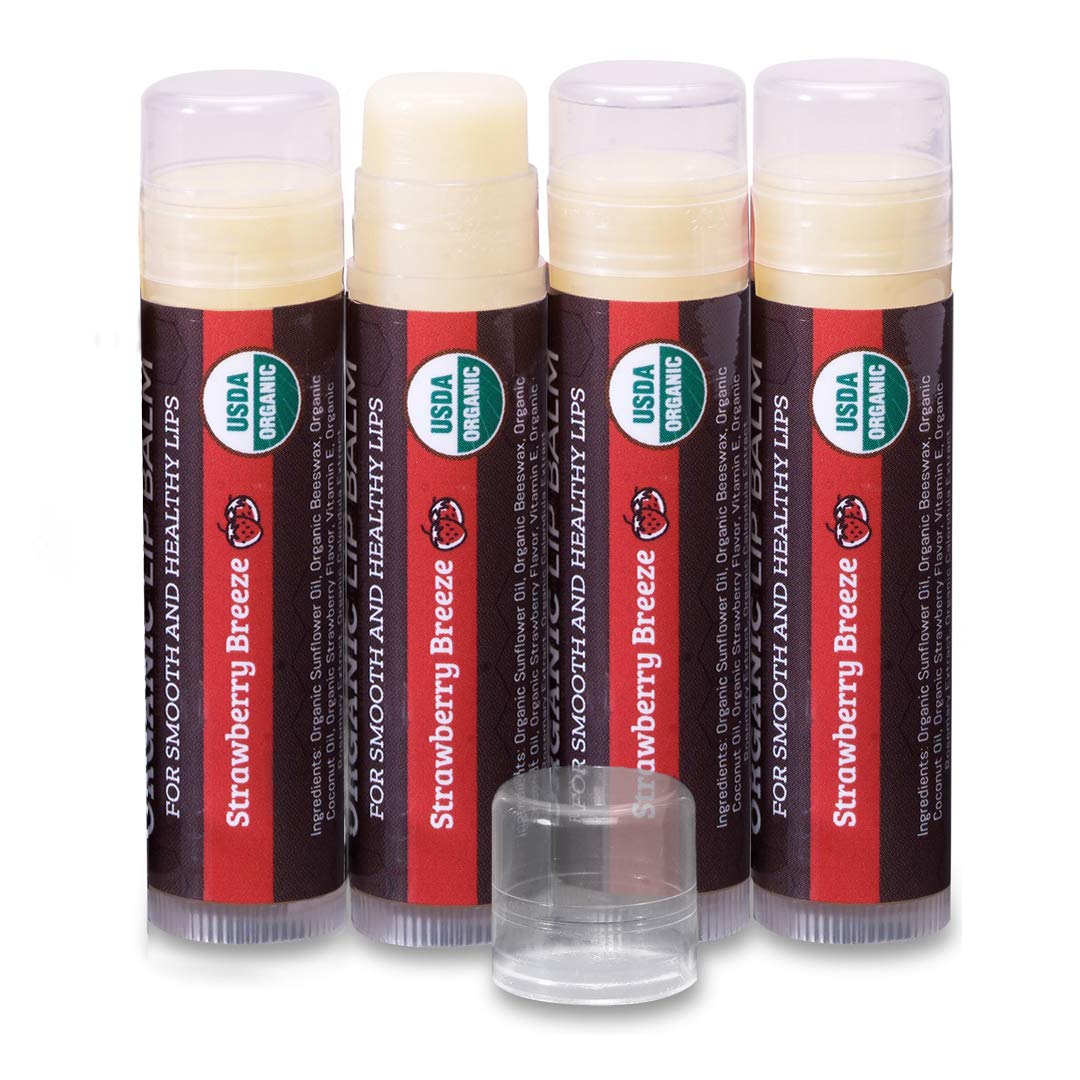 USDA Organic Lip Balm 4-Pack by Earth's Daughter - Strawberry Flavor, Beeswax, Coconut Oil, Vitamin E - Best Lip Repair Chapstick for Dry Cracked Lips