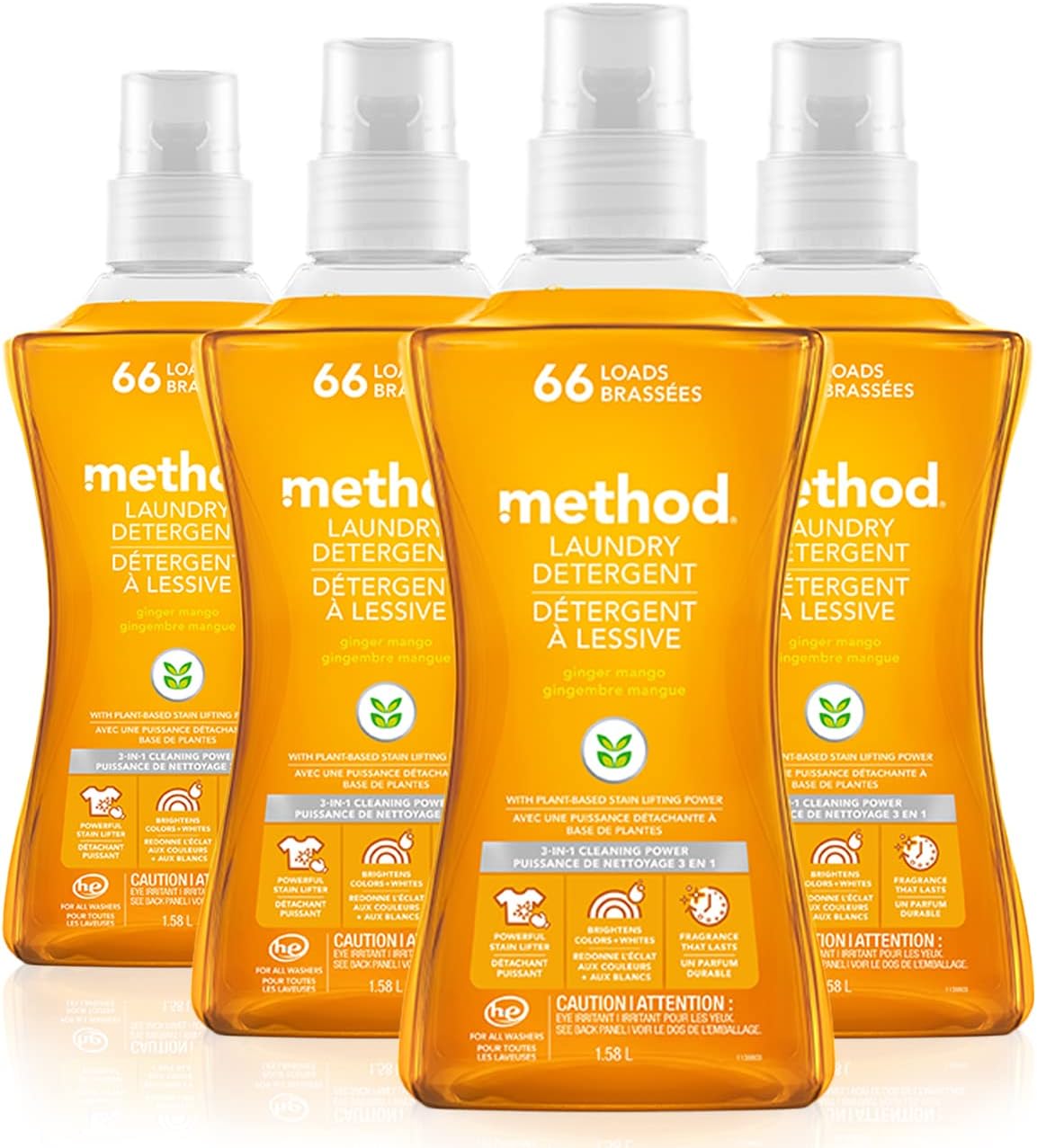 Method Liquid Laundry Detergent; Ginger Mango Scent; Plant-Based Stain Remover; 66 Loads Per 53.5 Fl Oz Bottle; 4 Pack (264 Total Loads); Packaging May Vary