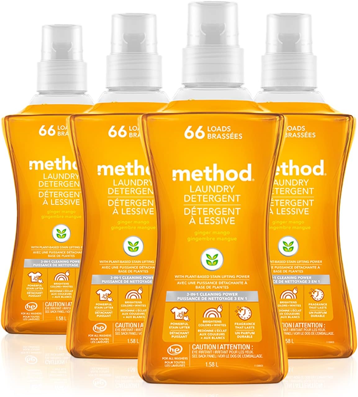 Method Liquid Laundry Detergent; Ginger Mango Scent; Plant-Based Stain Remover; 66 Loads per 53.5 fl oz bottle; 4 Pack (264 Total Loads); Packaging May Vary
