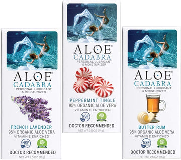 Aloe Cadabra Natural Lubricant, Assorted Flavored Water Based Lube Travel Bundle for Her, Him & Couples: 1 each - Butter Rum, Peppermint and French Lavender