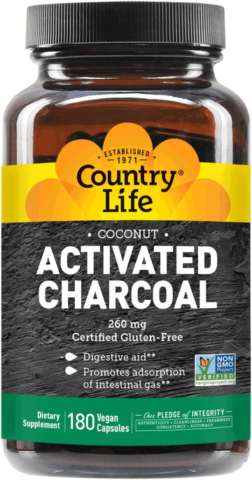 Country Life Activated Organic Coconut Charcoal Capsules, 260Mg – Natural Charcoal Supplement For Gas And Bloating Relief, Gluten-Free, Non-Gmo, 180 Vegan Capsules