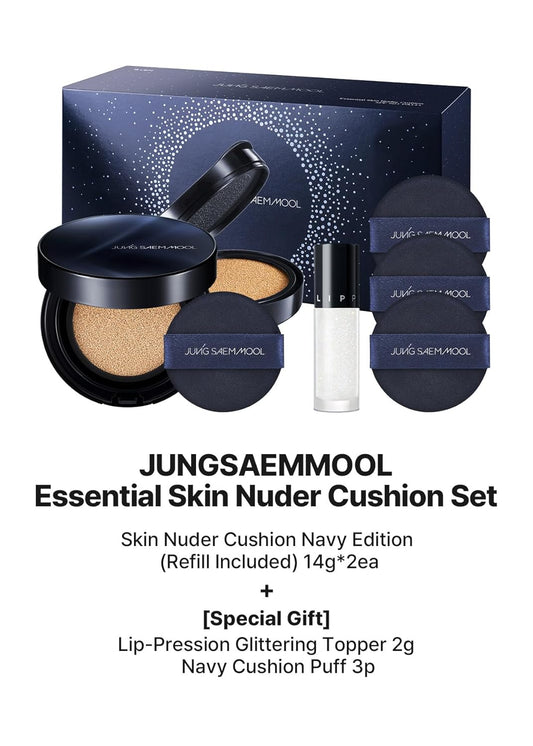 Jungsaemmool Official Essential Skin Nuder Cushion Special Set (Medium Deep) | Nuder Cushion Navy Edition (Refill Included) + Lip-Pression Glittering Topper (2G) + Navy Cushion Puffs (3Pcs)