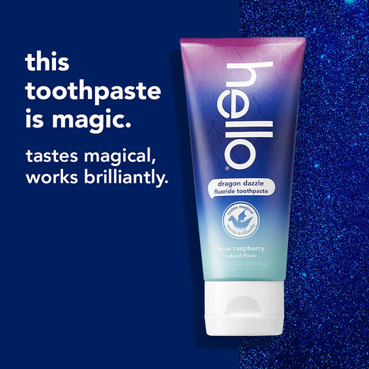 Hello Dragon Dazzle Blue Raspberry Kids Toothpaste, Fluoride Toothpaste, Ages 2+, No Artificial Sweeteners, No Sls, Gluten Free, Vegan,  4.2 Oz Tubes