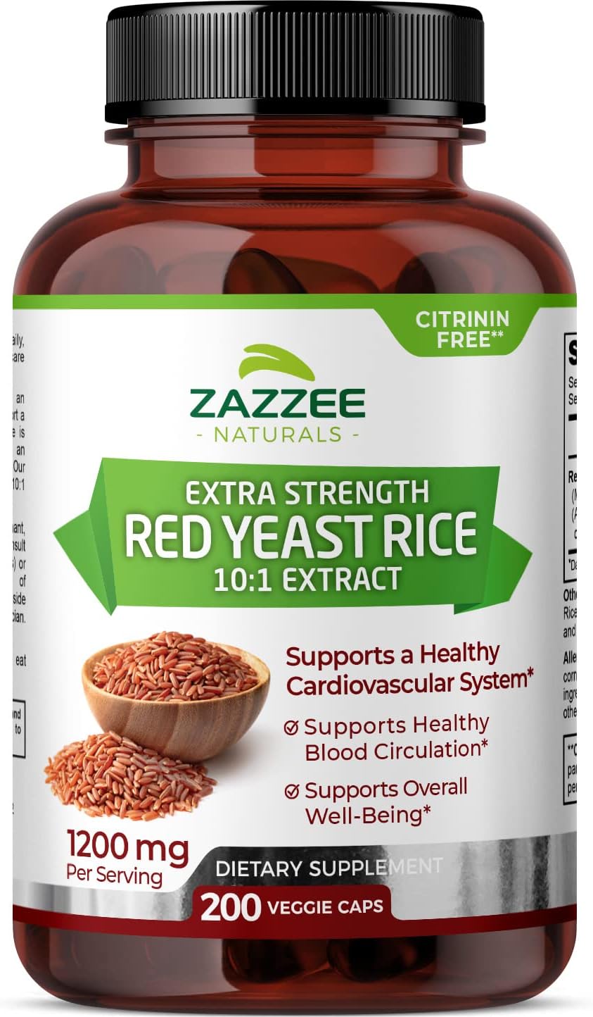 Zazzee Extra Strength Red Yeast Rice 10:1 Extract, 1200 Mg, Citrinin Free, 200 Vegan Capsules, Over 3 Month Supply, Concentrated And Standardized 10X Extract, 100% Vegetarian, All-Natural And Non-Gmo