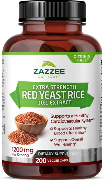 Zazzee Extra Strength Red Yeast Rice 10:1 Extract, 1200 Mg, Citrinin Free, 200 Vegan Capsules, Over 3 Month Supply, Concentrated And Standardized 10X Extract, 100% Vegetarian, All-Natural And Non-Gmo