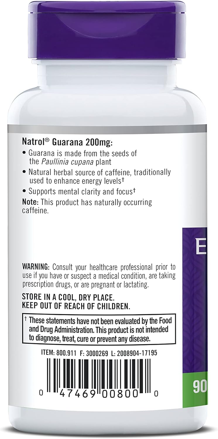 Natrol, Gurana Capsules, Energy Support Dietary Supplement, 200 mg, 90 Count (Pack of 12)