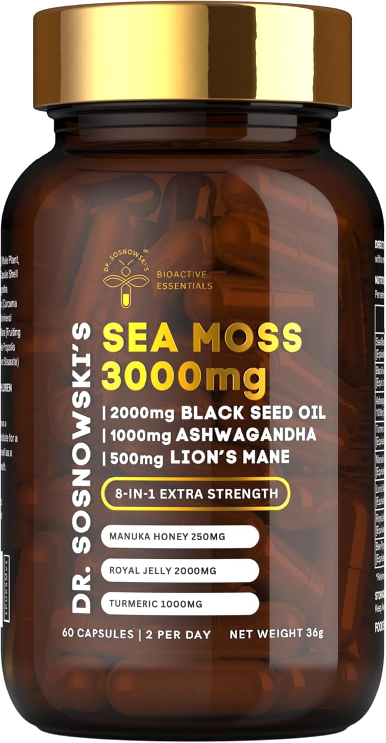 Dr Sosnowski'S Bioactive Seamoss | 8-In-1 Formula Enriched With Black Seed, Ashwagandha, Turmeric, Manuka Honey, Lion'S Mane, Royal Jelly, Bee Propolis Extract | 60 Capsules