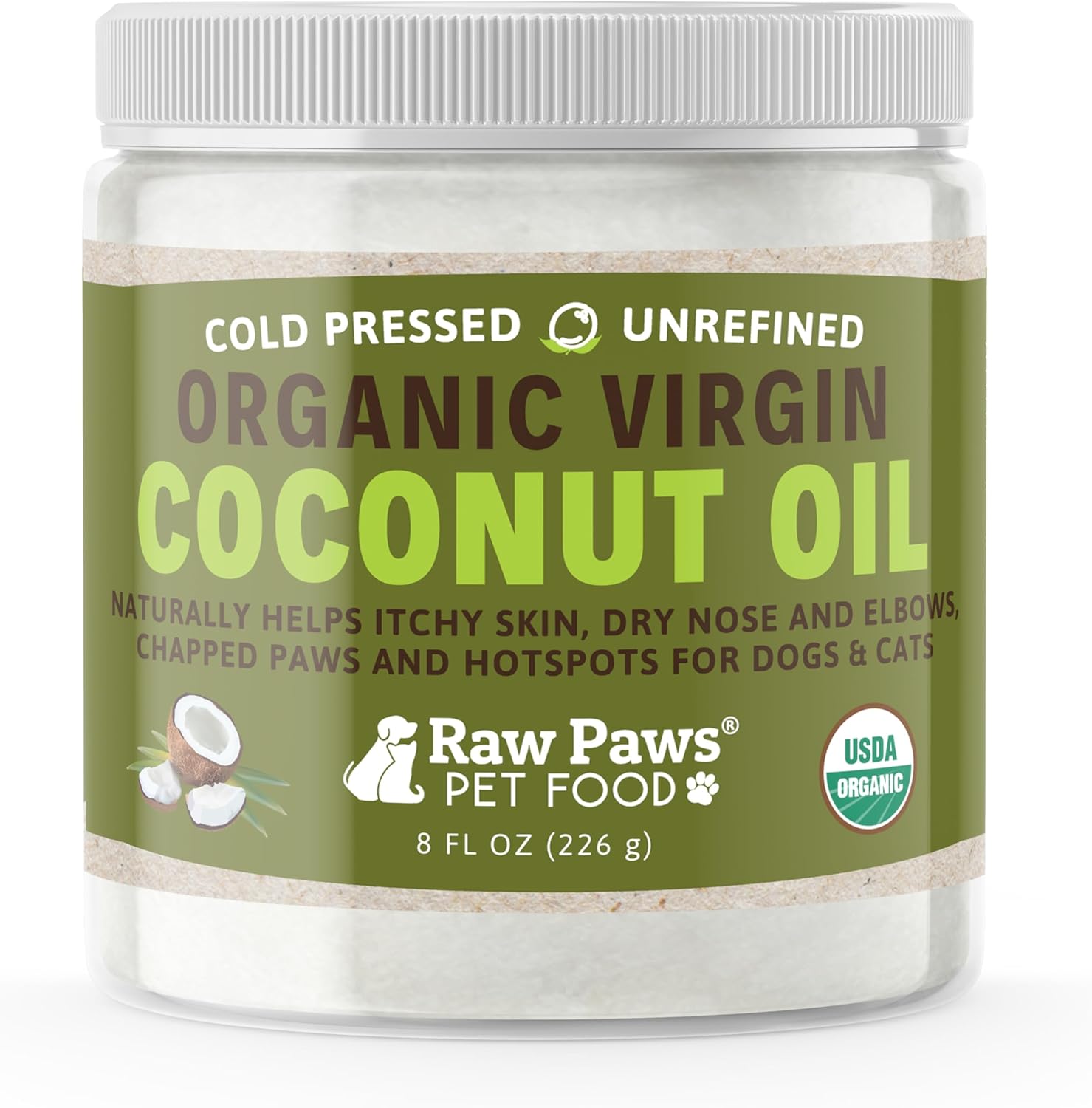 Raw Paws Virgin Organic Coconut Oil For Dogs & Cats, 8-Oz - Treatment For Itchy Skin, Dry Nose, Paws - Hot Spot Lotion For Dogs - Natural Hairball Remedy For Dogs