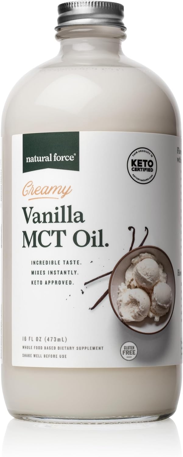 Natural Force Creamy Vanilla Mct Oil – Non Dairy, Keto Certified, Emulsified Mcts For Low-Carb, Ketogenic Coffee, Smoothies, & Shakes - Mixes Instantly + No Blending Required – 16 Oz Glass Bottle