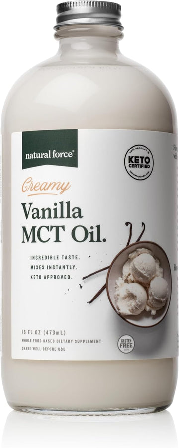 Natural Force Creamy Vanilla Mct Oil – Non Dairy, Keto Certified, Emulsified Mcts For Low-Carb, Ketogenic Coffee, Smoothies, & Shakes - Mixes Instantly + No Blending Required – 16 Oz Glass Bottle