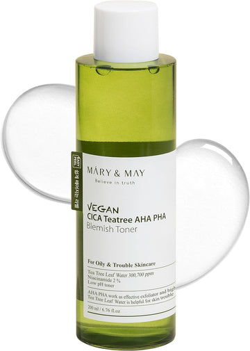 Mary&May Vegan Cica Tea Tree Aha Pha Blemish Toner - Oil Control And Skin Soothing Exfoliating Face Toner - Protects Skin Barrier, For Clear And Healthy Skin, 6.76 Fl.Oz