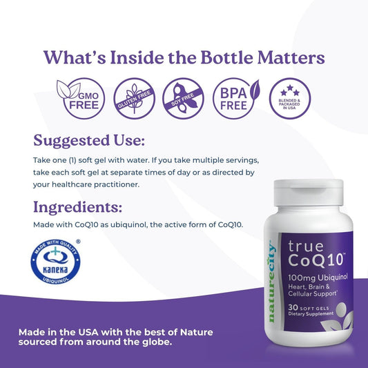 Naturecity True-Coq10 Ubiquinol 100Mg Highly Absorbable And Stablized Kaneka Qh Coq10 Heart, Brain And Cellular Energy Supplement - (30 Soft Gels) Active Coq10 As Ubiquinol