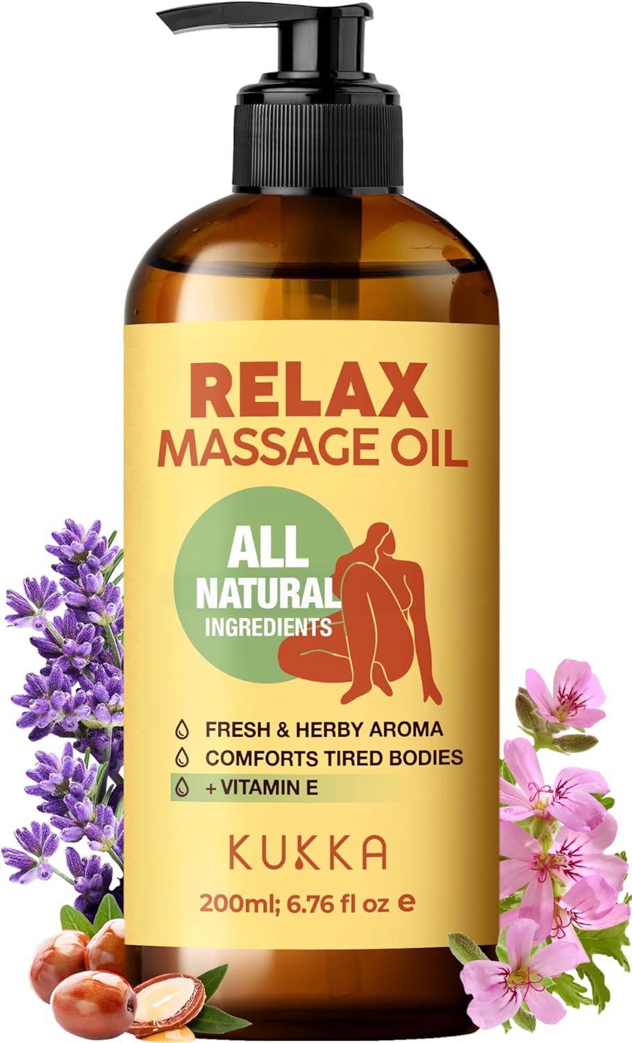 Kukka Relax Massage Oil For Massage Therapy - Spa Quality Warming Massage Oil - Body Oils For Women & Men - Infused With Lavender Oil, Jojoba Oil, Rose Geranium Oil & Vitamin E Oil - (6.76 Fl Oz)