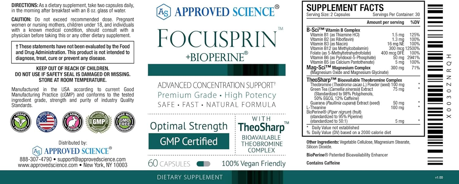 Approved Science Focusprin - Brain Support Supplement - Boost Focus, Concentration, Cognitive Function, and Relaxation - Vegan - 60 Capsules - Made in The USA : Health & Household