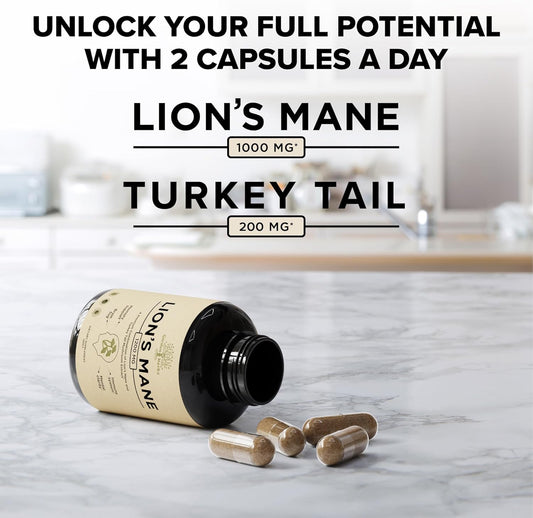 Lions Mane Supplement Capsules With Turkey Tail – Nootropic Brain Fog, Focus, Memory, Nerve Function, & Immune Support Supplement – Non-Gmo 1200 Mg Lions Mane Mushroom Supplement, 120 Caps