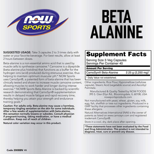 Now Foods Sports Nutrition, Beta-Alanine 750 Mg, Delays Muscle Fatigue*, Endurance*, 120 Veg Capsules