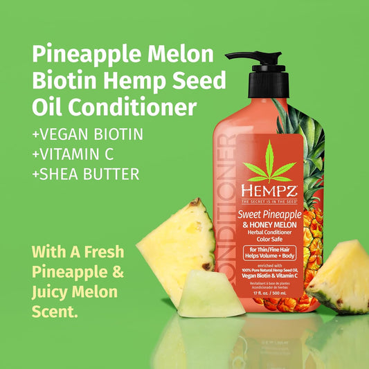 Hempz Biotin Conditioner - Sweet Pineapple & Honey Melon - For Thin/Fine Hair Growth & Strengthening Of Dry, Damaged And Color Treated Hair, Hydrating, Softening, Moisturizing - 17 Fl Oz