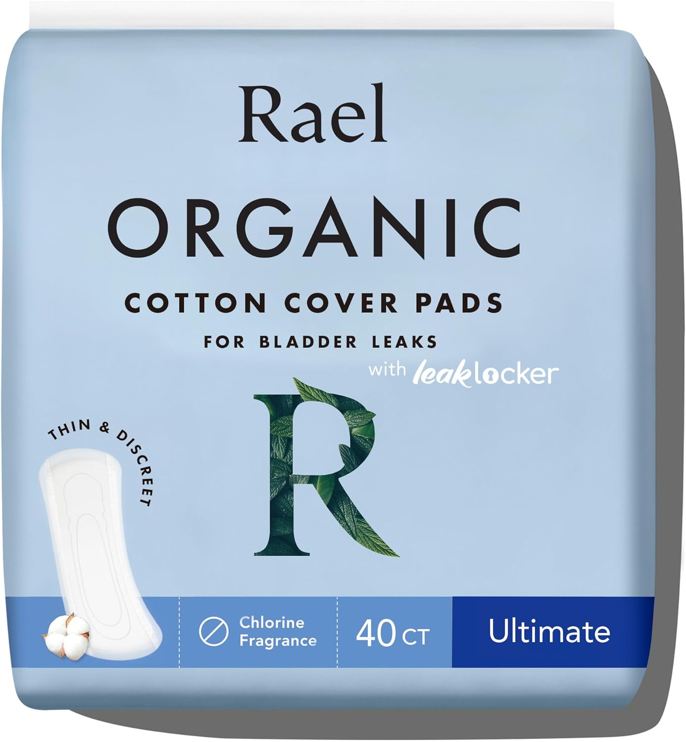 Rael Incontinence Pads for Women, Organic Cotton Cover - Postpartum Essential, Heavy Absorbency, Bladder Leak Control, 4 Layer Core with Leak Guard Technology, Long Length (Ultimate, 40 Count)