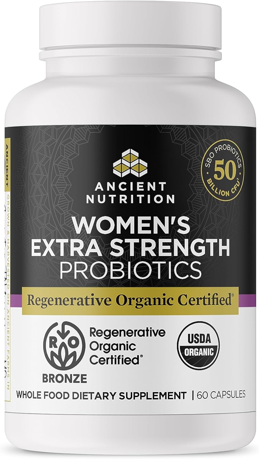Ancient Nutrition Regenerative Organic Certified Probiotics For Women, Probiotics Women’S Extra Strength, Healthy Digestion And Immune System Function Support, 25 Billion Cfus* Per Serving, 60 Count