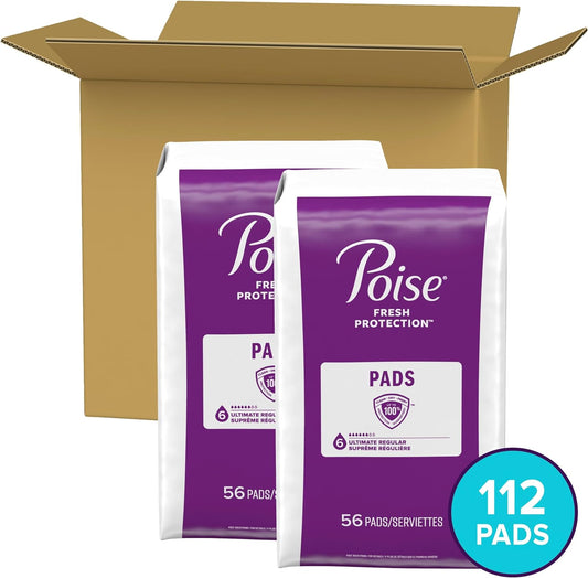 Poise Incontinence Pads & Postpartum Incontinence Pads, 6 Drop Ultimate Absorbency, Regular Length, 112 Count (2 Packs of 56), Packaging May Vary