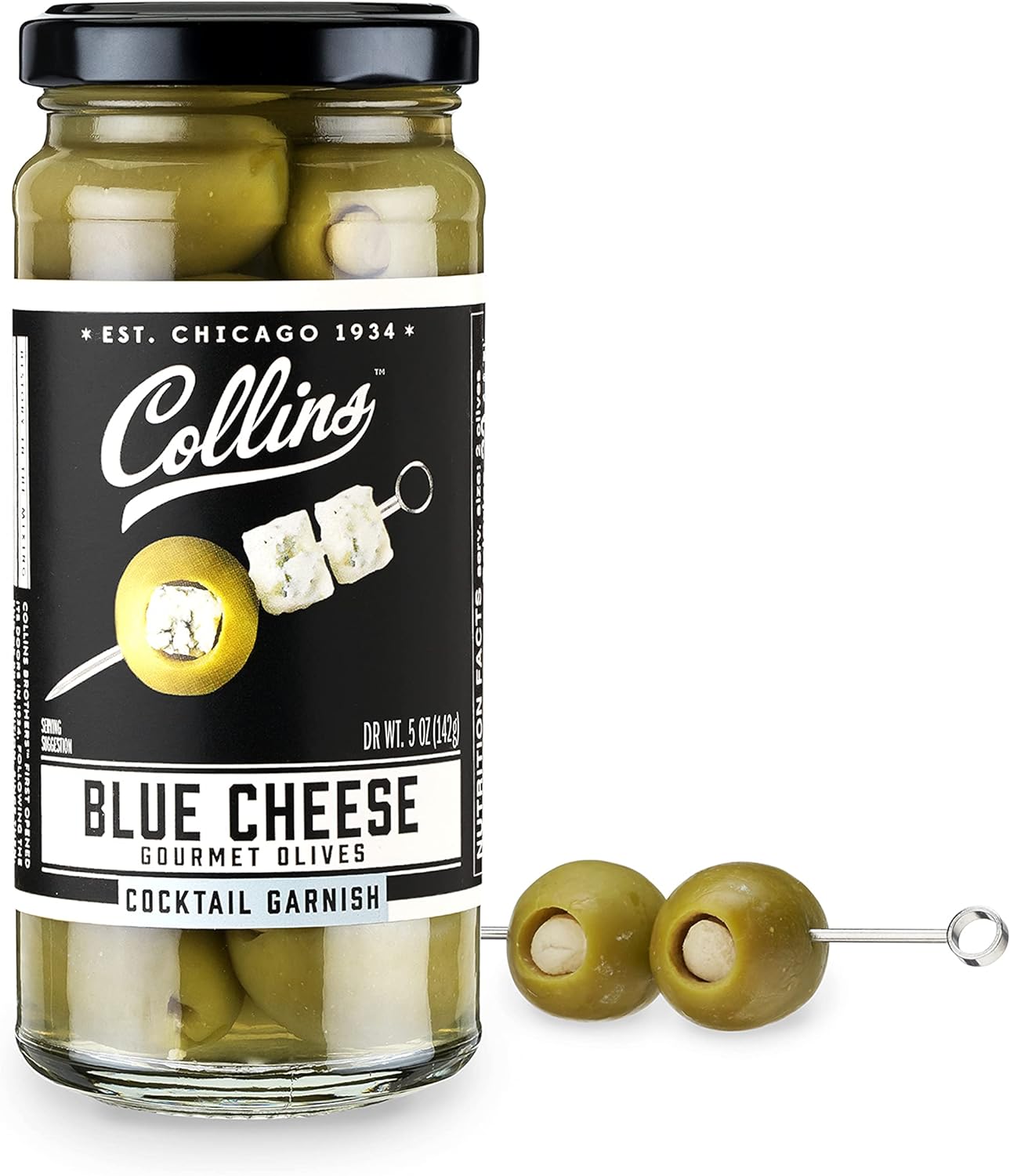 Collins Gourmet Blue Cheese Olives, Premium Stuffed-Cheese Garnish for Cocktails, Martinis, Bloody Marys, Snack Trays, Charcuterie, and Salads, Condiment Olives, 4.5 Oz