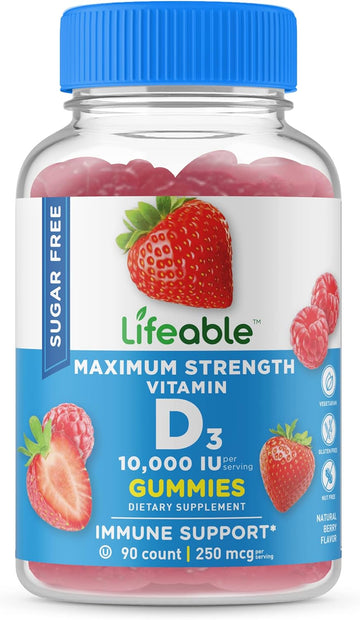 Lifeable Sugar Free Vitamin D 10,000 IU ? Great Tasting Natural Flavor Gummy Supplement ? Gluten Free Vegetarian GMO-Free Chewable ? for Immune Support and Bone Health ? for Adults ? 90 Gummies