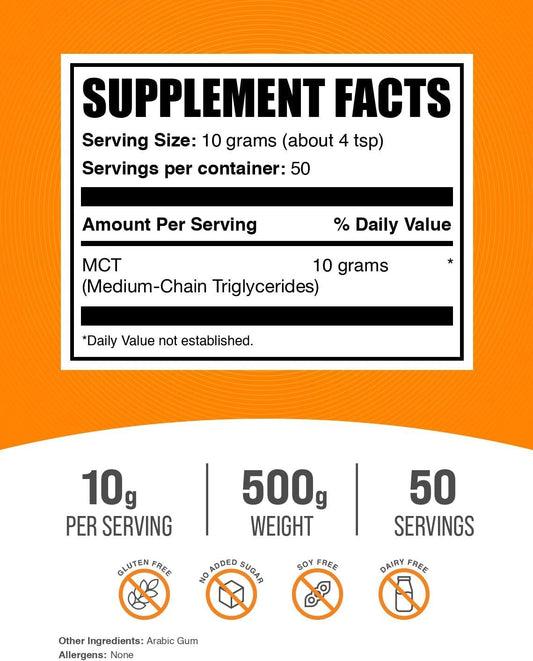 BulkSupplements.com MCT Powder - Medium Chain Triglycerides, from MCT Coconut Oil, MCT Oil Powder - MCT Supplement for Energy - Gluten Free, 10g per Serving, 500g (1.1 lbs) (Pack of 1)