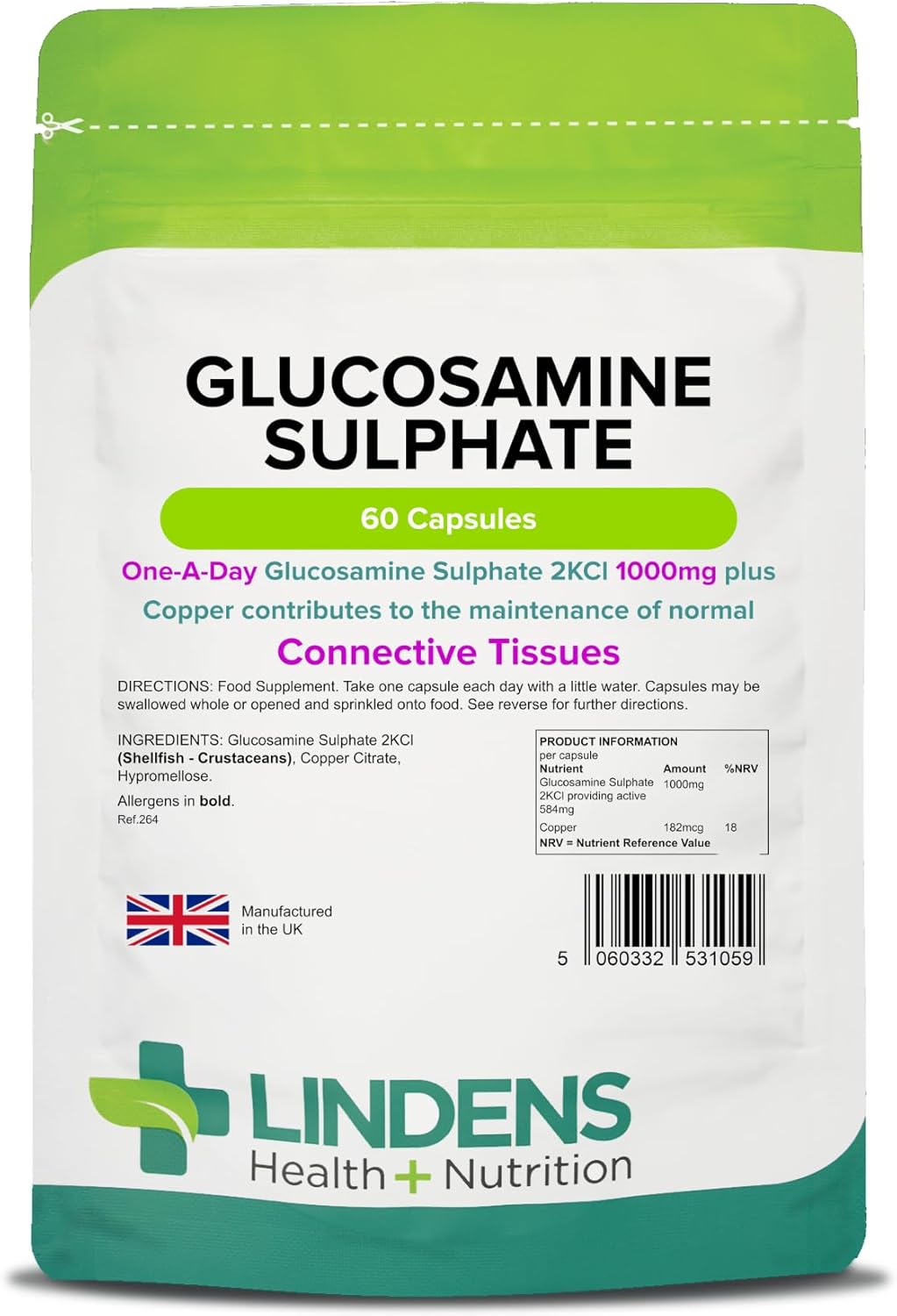 Lindens - Glucosamine Sulphate 1000Mg - 60 Capsules - Uk Made - Joint Care - 1 A Day - Joint Care Supplements - Joint Health - 2 Months Supply - Letterbox Friendly