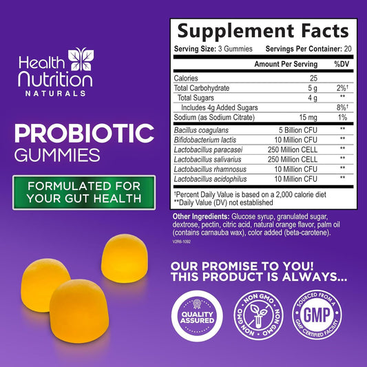 Probiotic Gummies For Women & Men - 5 Billion Cfus Gut Health Support Gummy, Daily Probiotics Supplement For Digestive Health Gummy, Probiotic Strains For Immune Support, Non-Gmo & Vegan - 60 Gummies