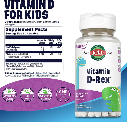 Kal Vitamin D-Rex Chewable, Childrens Vitamins 400 Iu D-3, Bubble Gum Flavor, Strong Bone & Immune Support, Lactose/Peanut/Soy Free, 60-Day Guarantee, 90 Servings, 90 Dinosaur Shape Chewables