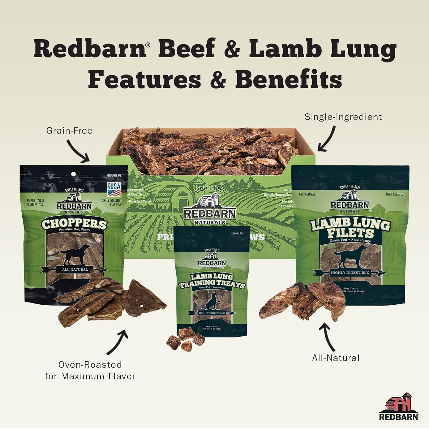 Redbarn Natural Choppers Beef Lung Chew Treats for Dogs - Premium Made in USA Rawhide-Free Single Ingredient High Protein Low Fat - 9 oz Bag : Pet Supplies