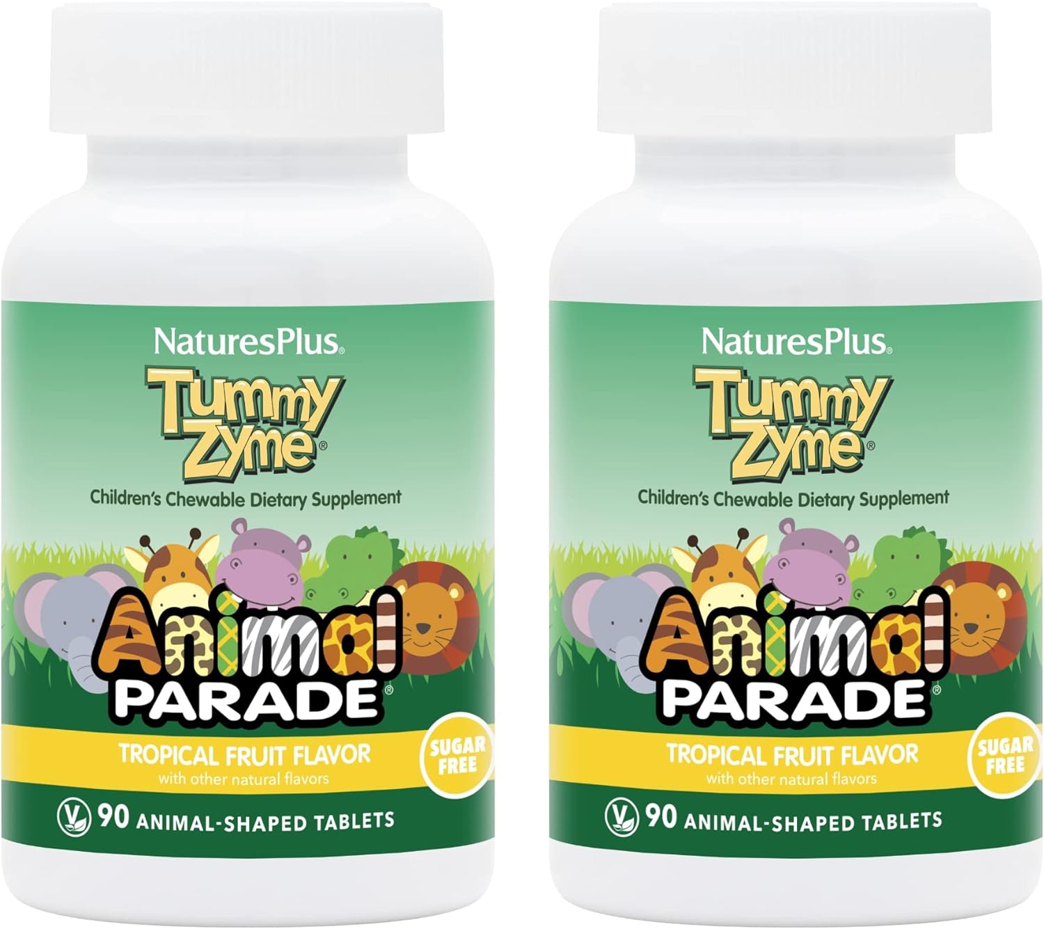 NaturesPlus Animal Parade Tummy Zyme, Tropical Fruit Flavor - 90 Animal-Shaped, Chewable Tablets - Pack of 2 - Digestive Aid & Probiotic - Vegetarian, Gluten Free - 180 Total Servings