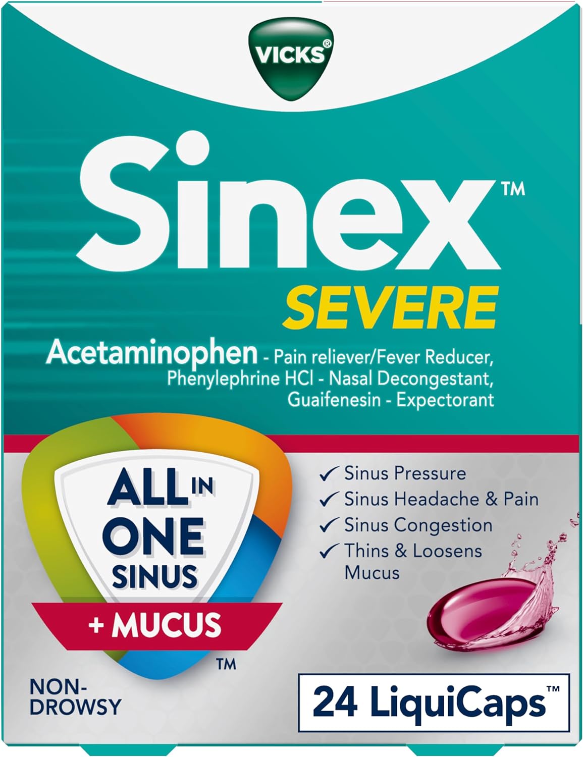 Vicks Sinex Severe, All-In-One Sinus + Mucus Relief, Non-Drowsy, Loosens Mucus, Maximum Strength Relief Of Pain, Pressure, Congestion, & Headache Relief, 24 Liquicaps