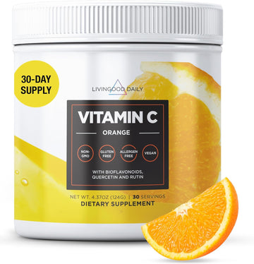 Livingood Daily High Dose Vitamin C Powder Supplement - 2,600mg Ascorbic Acid Powder Supports Immunity & Skin Health - Powdered Vitamin C with Quercetin & Citrus Bioflavonoids - Vegan, 30 Servings