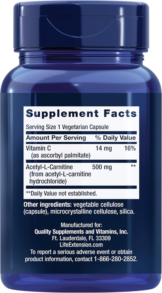 Life Extension Acetyl-L-Carnitine, Acetyl-L-Carnitine, Vitamin C, Brain, Mood & Nerve Health, Cellular Energy, 3-Month Supply, Gluten-Free, Non-Gmo, Vegetarian, 100 Capsules