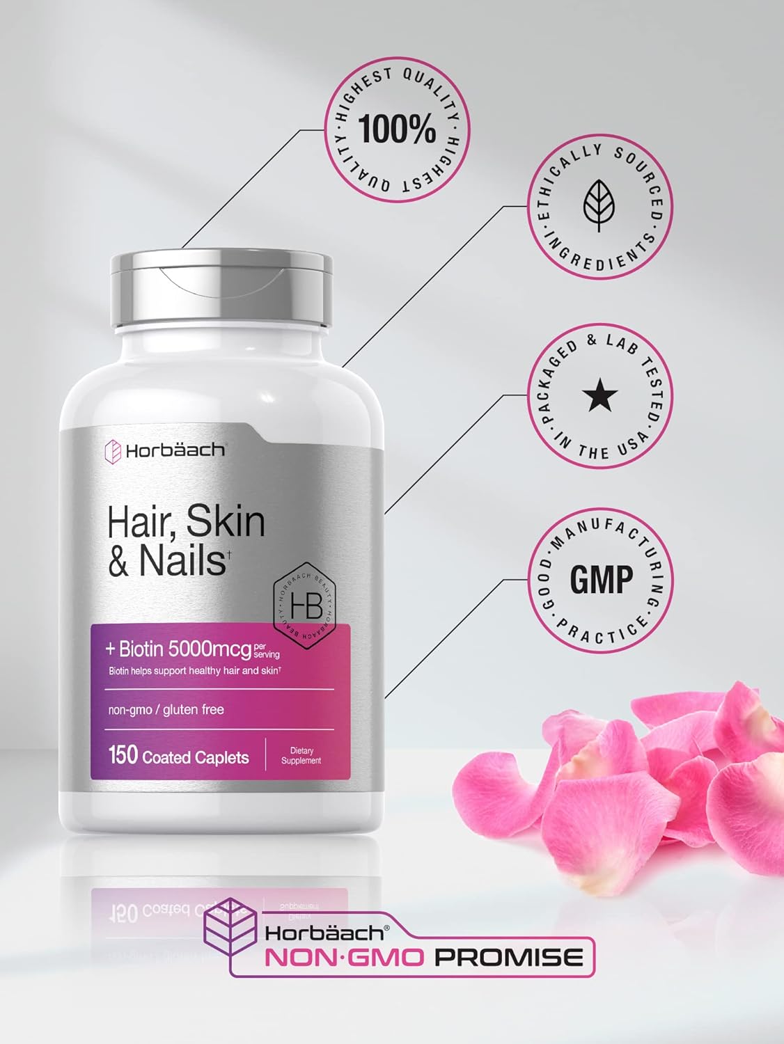 Horbäach Hair Skin and Nails Vitamins | 150 Caplets | with Biotin and Collagen | Supplement for Women and Men | Non-GMO, Gluten Free : Health & Household