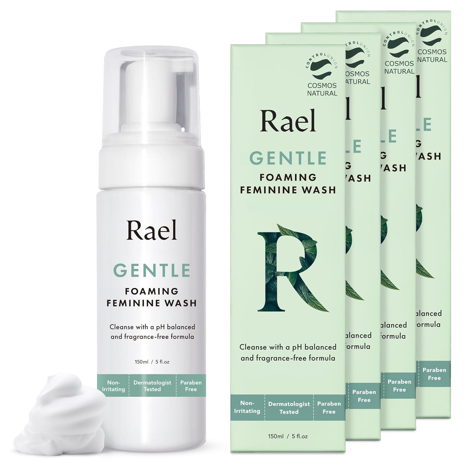 Rael Feminine Wash, Foaming Cleansing Wash - Ph Balance Intimate Wash Women, Uscented, Sensitive Skin, All Skin Types, Vegan, Cruelty Free (5Oz, 4 Pack)