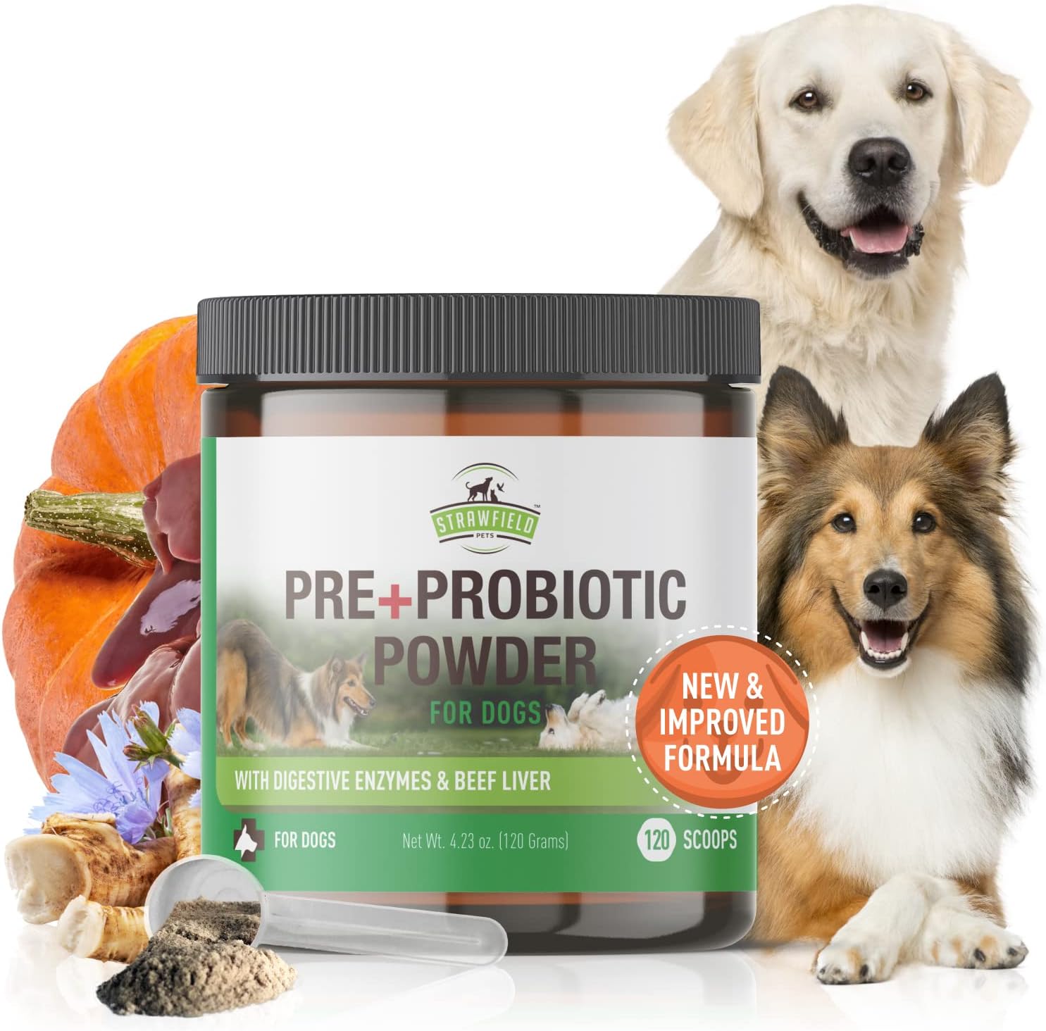 Strawfield Pets Pre + Probiotic Powder for Dogs with Digestive Enzymes Dog Probiotics for Yeast, Itchy Skin and Itchy Ears Natural Beef Liver Flavor 120 Scoops