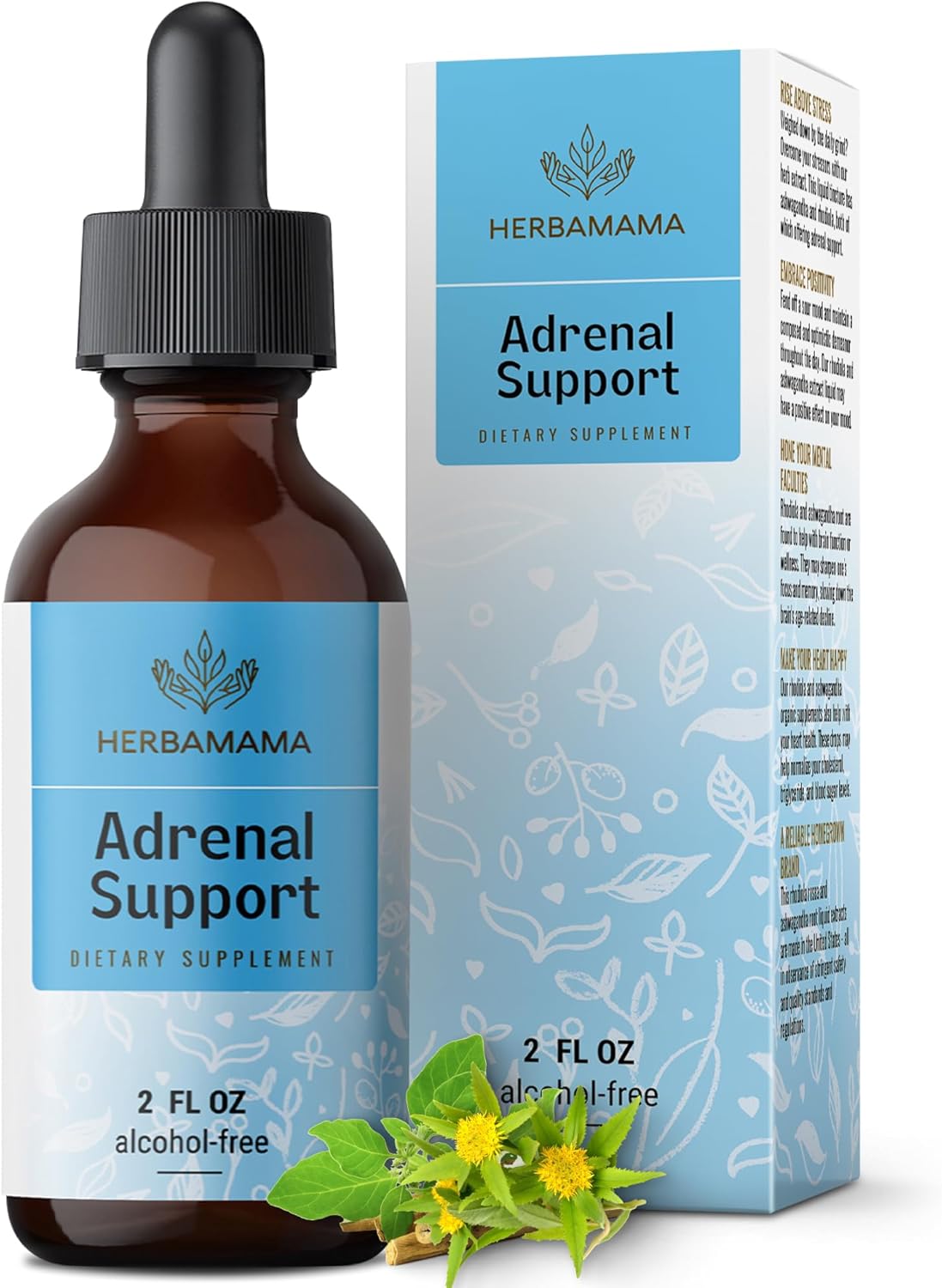 Herbamama Adrenal Support Supplements - Ashwagandha Extra Strength With Rhodiola Rosea Extract Vegan Energy Support - Alcohol & Sugar-Free, 28-Day Supply