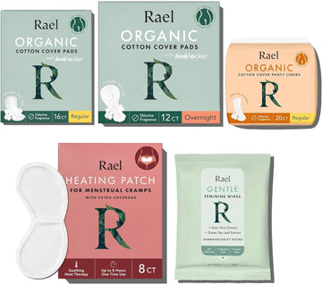 Rael Period Essential Bundle - Organic Cotton Cover Regular & Overnight Pads, Regular Liners, Flushable Feminine Wipes, And Herbal Heating Patch Extra Coverage