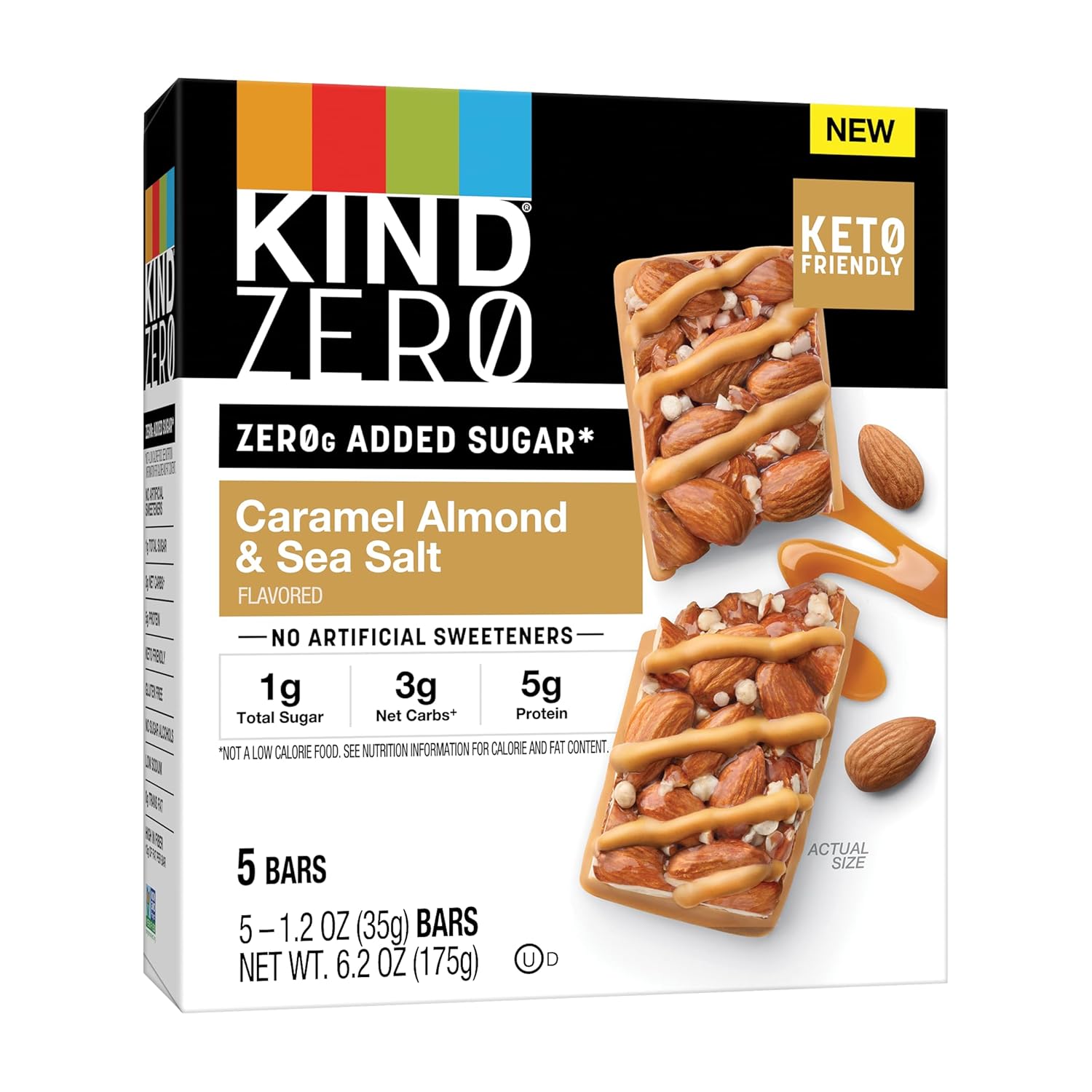 Kind Zero Added Sugar Bars, Keto Friendly Snacks, Caramel Almond And Sea Salt Flavored, 6.2Oz Box (5 Bars)