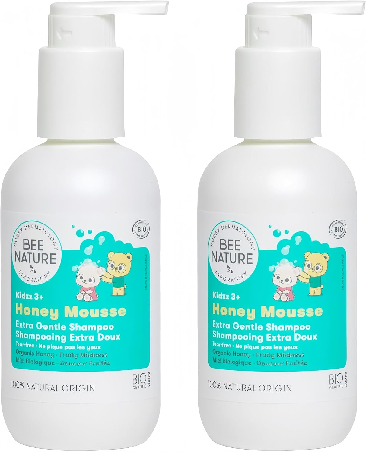Bee Nature - Organic Kids Shampoo - Honey Mousse - Detangles & Nourishes - Fruity Sweetness Scent - Tear Free - 100% Natural - Suitable For Dry, Curly Hair - 2 Pieces(2 * 200Ml)