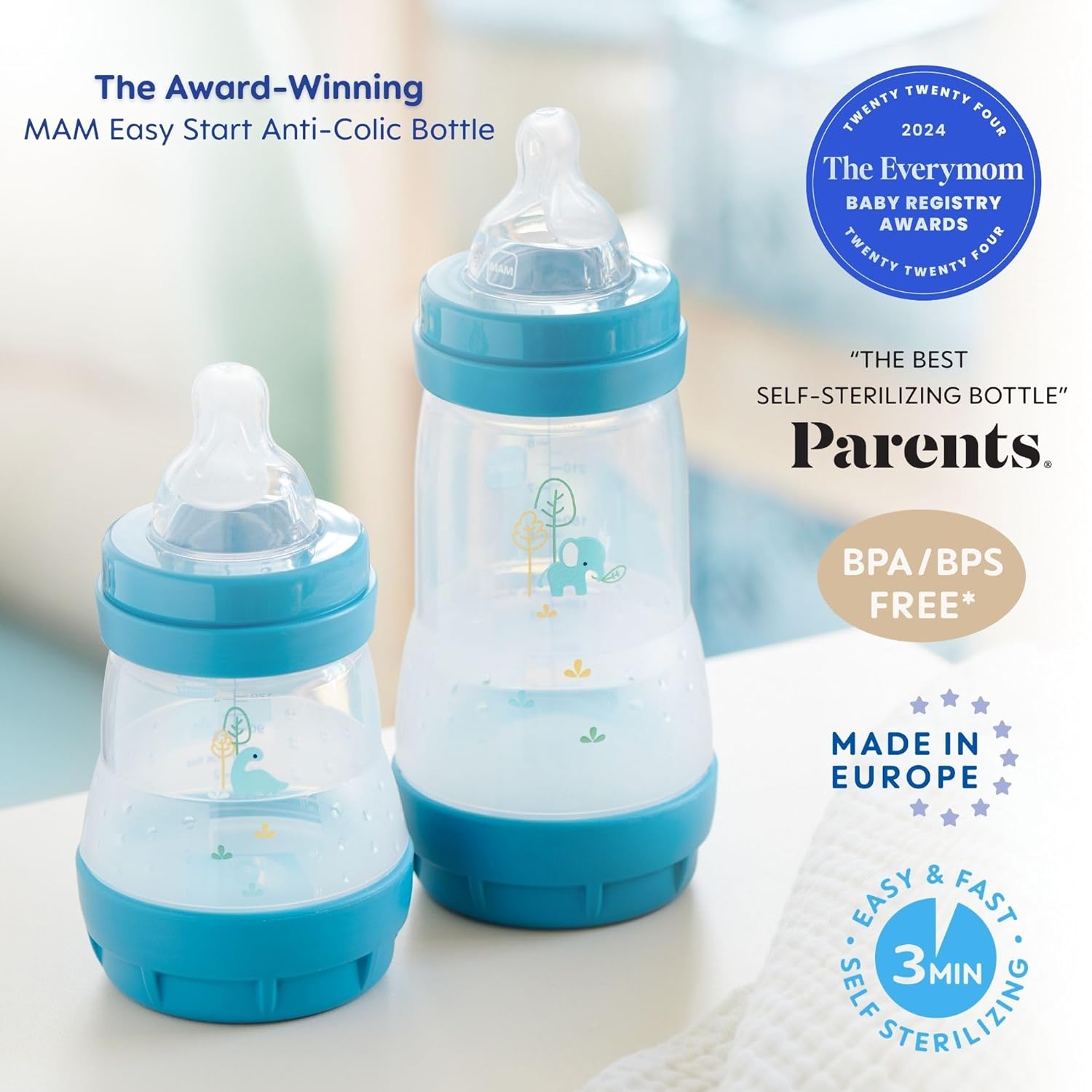 Mam Feed & Soothe Feeding Set, Newborn Essentials Must Have For 0-3 Months, Including 6 Pieces, Anti-Colic Baby Bottle Self-Sterilizing, Skinsoft Silicone Pacifiers, Baby Gift, Girl