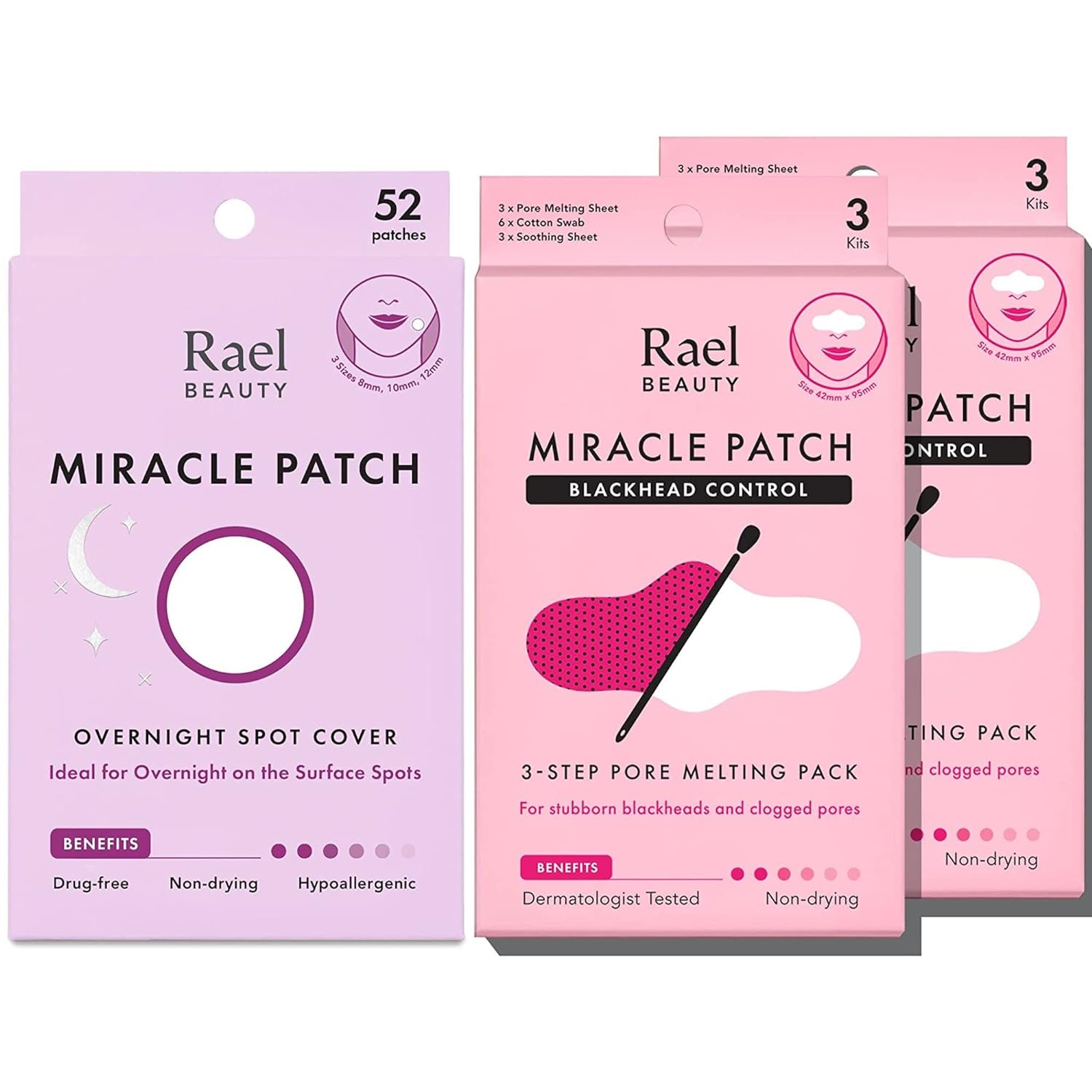 Rael Miracle Bundle - Overnight Spot Cover (52 Count) & Pore Melting Pack, 3 Step Nose Strip (2 Pack)