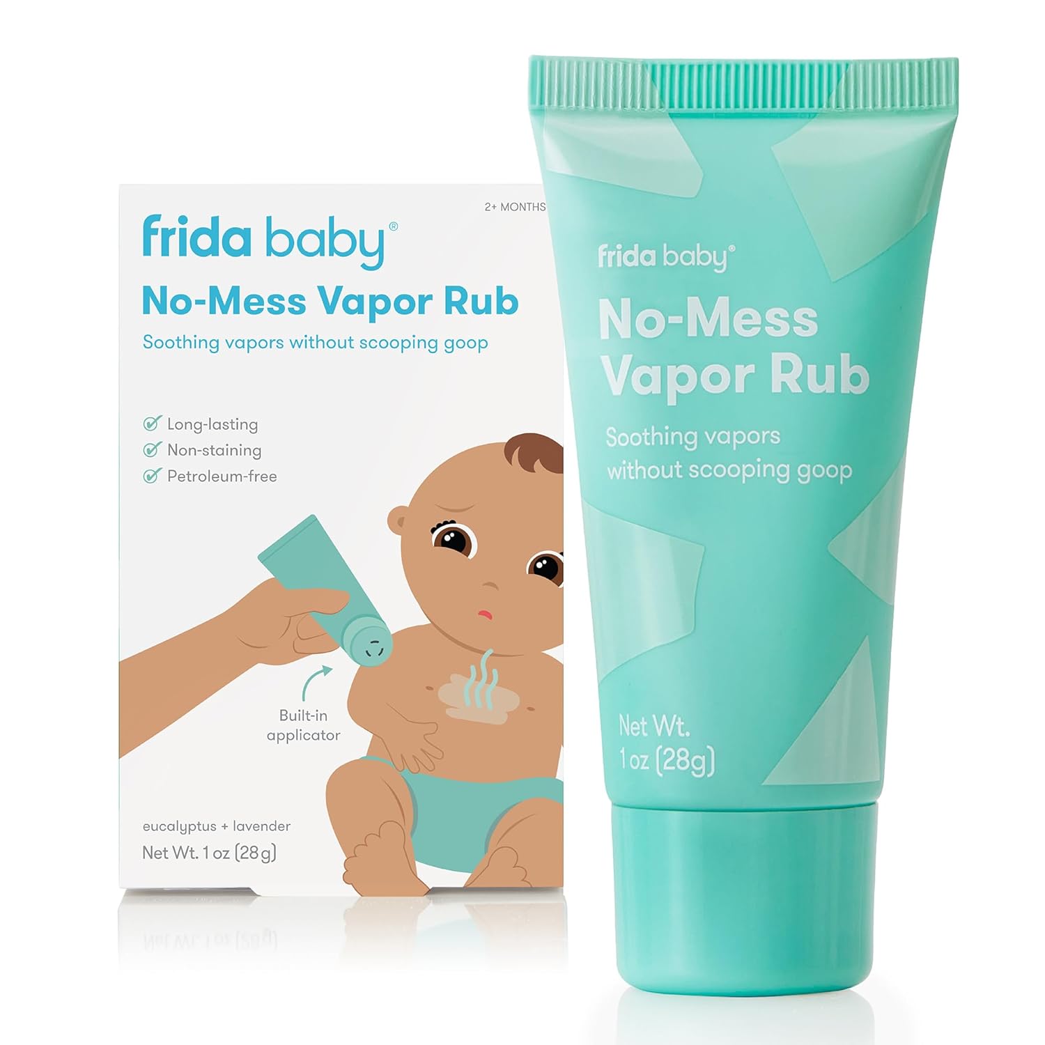 Frida Baby No-Mess Vapor Rub, Baby Vapor Rub For Chest, Neck, Back + Foot,Non-Staining, Petroleum-Free Hands-Free Applicator Tube, Soothing Eucalyptus & Lavender For Sleep