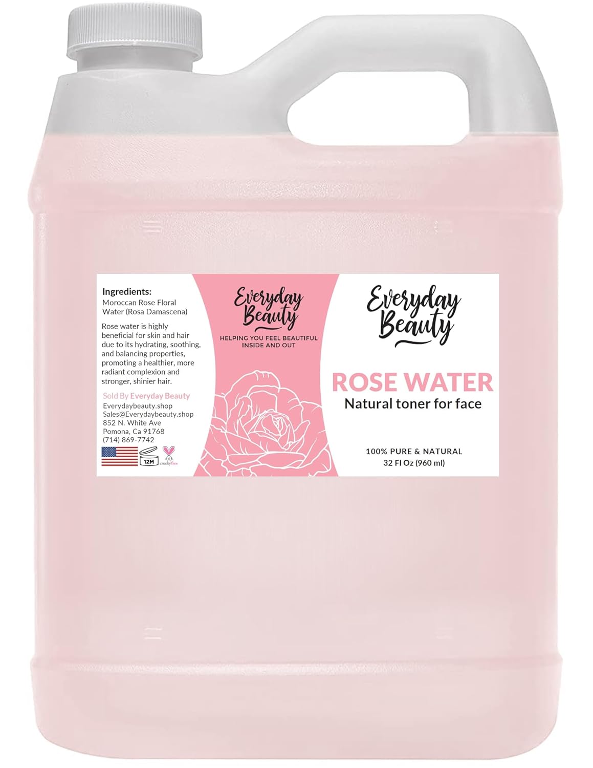 Rose Water & Glycerin Enhanced Facial Toner - 32Oz Bulk Alcohol-Free Vegan All Natural Refreshing For Face And Hair - Uplifts, Calming & Soothing For All Skin Types…