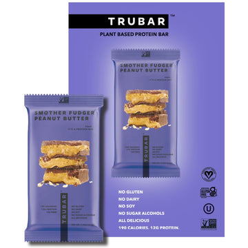 Trubar Vegan Protein Bar, Smother Fudger Peanut Butter, Gluten Free, Plant Based Protein, Dairy Free, Non Gmo, Soy Free, No Sugar Alcohols, 12G Protein, 12G Fiber, Healthy On The Go Snack Bars, 12 Ct